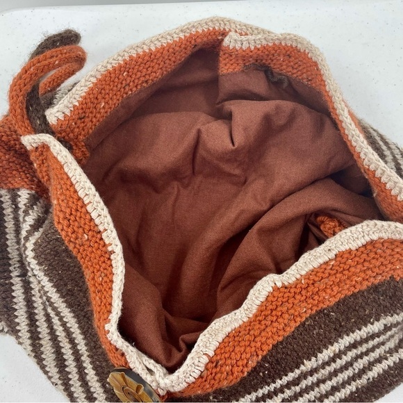 Handmade Nubby Knit Brown Rust Blue White Wood Hobo Bag Satchel Boho Crossbody - Picture 4 of 10